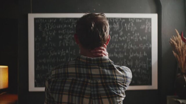 A scientist massages his tired neck, feeling the stress and pressure of solving complex mathematical formulas on a blackboard. A concept of burnout, fatigue, and difficult work