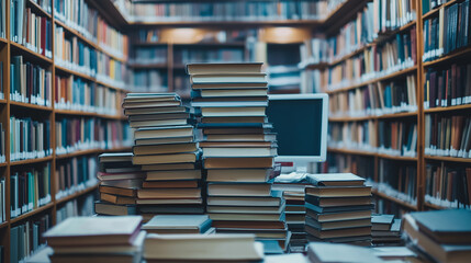 Fototapeta premium Blurred background of a quiet library workspace featuring stacks of books, modern computers, and stylish lamps, perfect for studying, creative thinking, and engaging in intellectual activities (4)