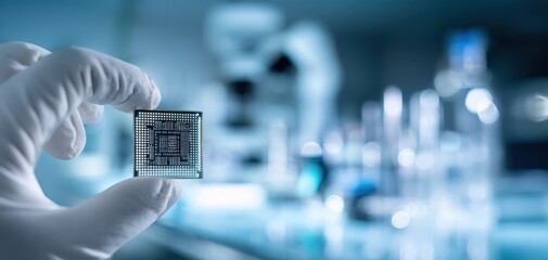 The microchip held in a gloved hand in a high-tech laboratory setting.