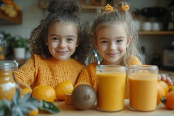 Portrait of young sisters making smoothies indoors at home, encouraging healthy eating and togetherness, Generative AI