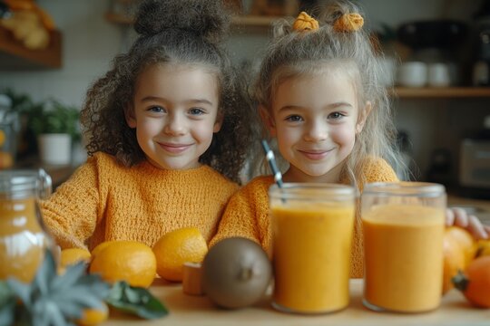 Portrait of young sisters making smoothies indoors at home, encouraging healthy eating and togetherness, Generative AI