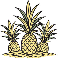 Obraz premium Three stylized pineapples with green leafy crowns and textured yellow bodies on a bed of straw