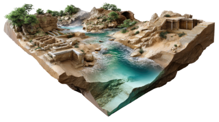 Desert Oasis: A cross-section of a desert oasis, revealing stunning details of turquoise waters, rocky formations, and architectural remnants. Explore this serene and arid landscape.