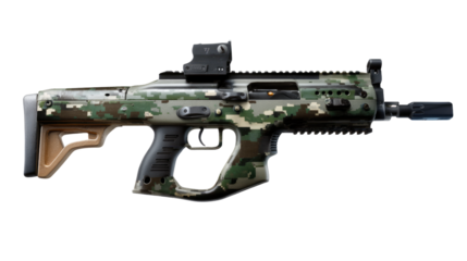 Camouflage Rifle: A high-angle shot showcasing a modern camouflage rifle, exhibiting intricate design details, with an attached scope and silencer.