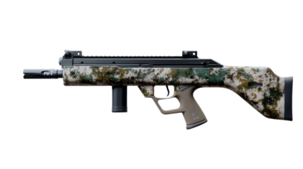 Paintball gun on Display: A sleek paintball gun showcasing its design, highlighting the intricate details of the weapon, set against a neutral backdrop.