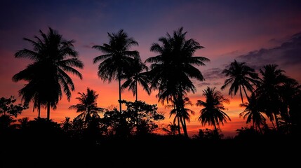 Obraz premium Silhouette of palm trees against a vibrant sunset.