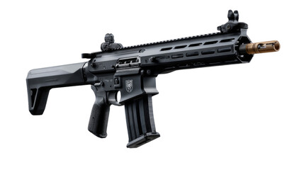 Tactical firearm: A high-angle shot reveals a sophisticated and sleek tactical firearm against a subtly lit backdrop, showcasing its meticulous engineering and formidable presence. 