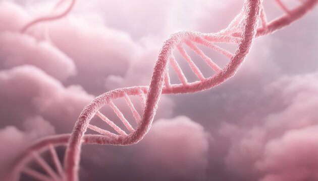 Dreamy pink DNA double helix with intricate intertwined strands, glowing against a celestial backdrop of soft clouds and radiant light beams, merging quantum physics with biological geometry