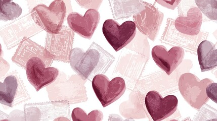 A whimsical pattern of hearts and stamps in soft pastel colors, perfect for romantic designs and backgrounds
