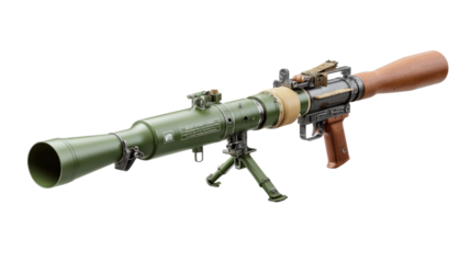 RPG-7 rocket launcher: A detailed shot of an RPG-7, a shoulder-fired, anti-tank, rocket-propelled grenade launcher, showcasing its powerful design and military-grade craftsmanship.