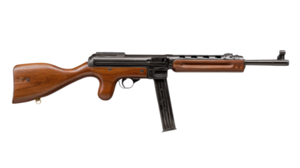 Vintage Carbine: A detailed studio shot highlights the craftsmanship of a classic carbine rifle, with its wooden stock and metallic components. Perfect for history, military and weapons enthusiasts.