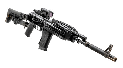 Military Rifle: A detailed studio shot presents a high-powered military rifle, showcasing its intricate design, tactical accessories, and formidable presence.