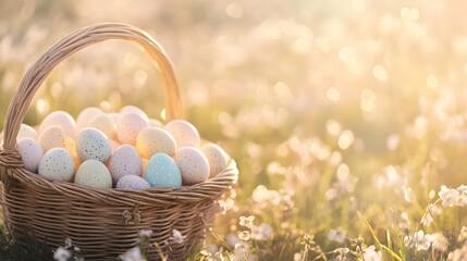Wicker Basket Filled with Pastel Easter Eggs on Spring Meadow perfect for Easter event promotions, seasonal greeting cards, religious celebration ads, holiday blog headers and festive invitations