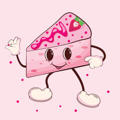 Cute cartoon cheesecake character with smiling face,arms,and legs.The dessert is decorated with strawberry topping and sprinkles,playful design ideal for children&rsquo;s products,food packaging,stickers.