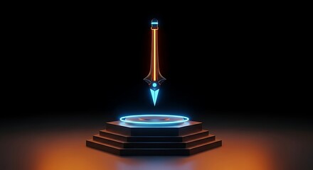 Glowing Cyberpunk Sword on Illuminated Platform Against a Dark Background