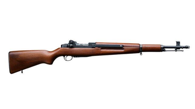 M1 Garand Rifle: An impeccably detailed studio shot of a classic M1 Garand rifle, showcasing its elegant design, wood grain stock, and iconic features.