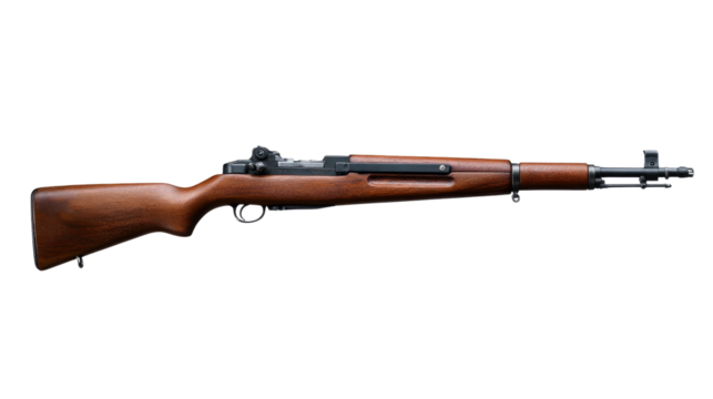 M1 Garand Rifle: An impeccably detailed studio shot of a classic M1 Garand rifle, showcasing its elegant design, wood grain stock, and iconic features.