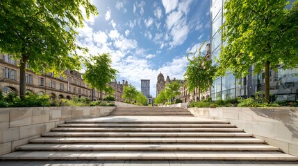 Grand stone staircase leading through a tree lined urban avenue