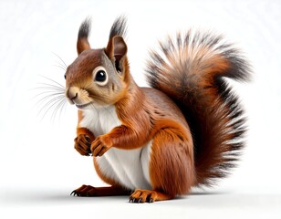A reddish-brown squirrel sits on a white background, its bushy tail prominent