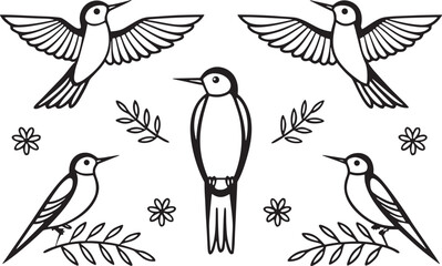 Obraz premium Five birds and floral elements in black outline flying