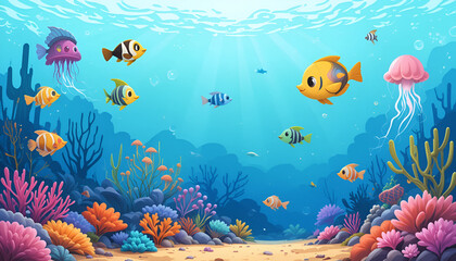 A vibrant underwater scene with colorful fish, coral reefs, and marine life