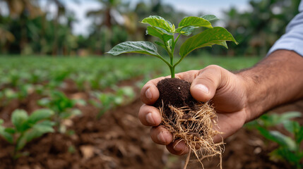 a Brazilian farmer’s hand, strong and slightly dirty, holding a healthy young seedling with roots and rich soil with straw mulch (palhada)