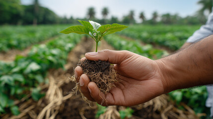 a Brazilian farmer’s hand, strong and slightly dirty, holding a healthy young seedling with roots and rich soil with straw mulch (palhada)