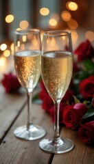 Romantic champagne celebration with red roses on wooden table