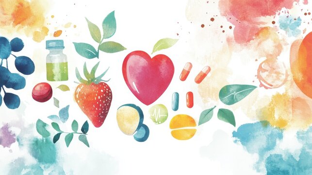 Heart-shaped strawberry and colorful pills on white background