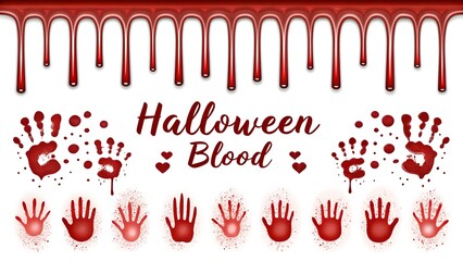 Halloween blood handprints dripping border set with scary red stains and spooky design elements
