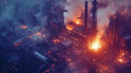 Fototapeta premium Aerial view of industrial complex engulfed in large-scale fire