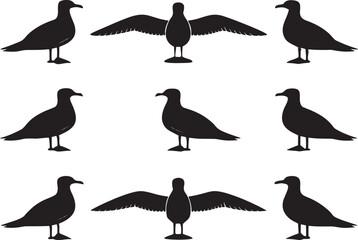Nine black silhouette illustrations of seagulls birds