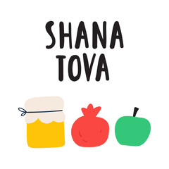 Shana Tova. Honey jar, pomegranate and green apple. Flat vector illustration on white background.