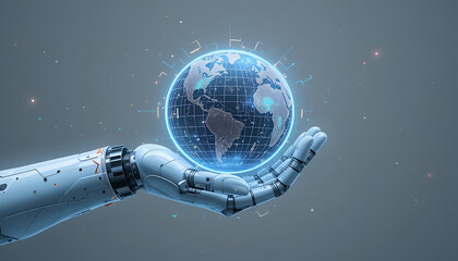 A robotic hand holding a digital globe, symbolizing the future of technology
