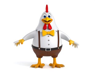 Obraz premium A cheerful cartoon chicken, dressed in a shirt, suspenders, and bow tie, stands against a white background