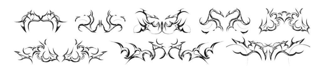 Tribal y2k metal tattoo collection with symmetrical gothic designs for alternative style and body art. Black flame ornaments with sharp edges and metalcore aesthetic. Vector decorative elements