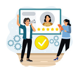 Team collaborating on online profile with high ratings and positive recognition.