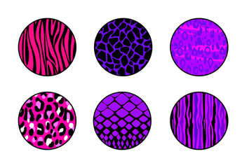 Trendy girly circles in y2k style with wild animal print textures - zebra stripes, giraffe spots and leopard patterns for sticker designs. Snake scales with tiger markings for accessories decoration.