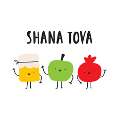 Shana Tova. Jewish Holiday. Cute characters. Honey Apple, Pomegranate. Flat vector design. Illustration on white background.