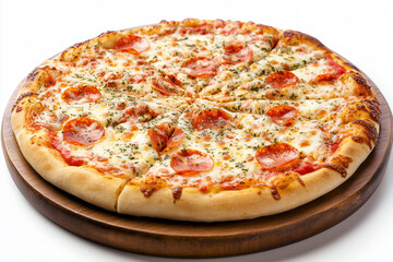 Delicious slice of Italian pepperoni pizza with melted mozzarella cheese and tomato on a white background