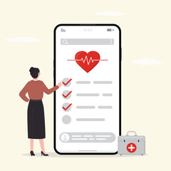 Mobile phone with application for health check up, concept. Patient examining or checking her health online in cell phone app. Healthcare, health insurance, medical report.