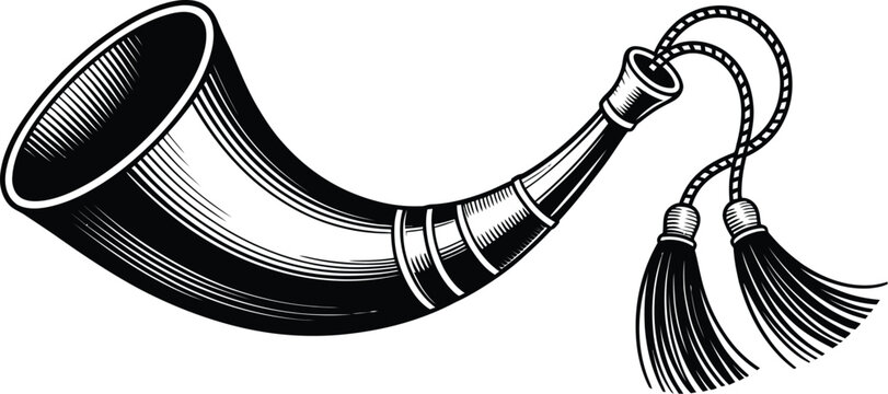 Detailed black and white drawing showcases a hunting horn with tassels, perfect for historical illustrations, heraldry designs, or musical instrument collections, emphasizing its elegant form.