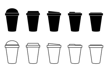 Coffee Cups icon, Silhouette icons of Coffee Cups with Lids vector set. Flat vector illustration design.