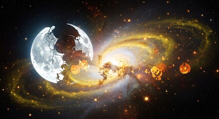 Fototapeta premium Moon and galaxy illustration with swirling light against a dark background.