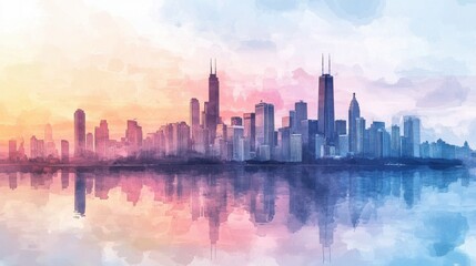 Fototapeta premium Cityscape with skyscrapers reflecting on waterfront at sunset