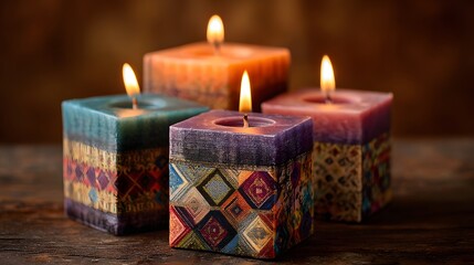 Warm glow of decorative square candles on a wooden surface