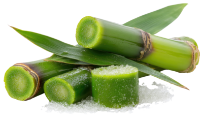 Fresh sugarcane stalks and segments, vibrant green, with crystalline sugar, on a dark background