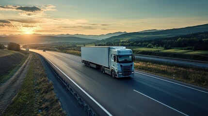 Obraz premium Truck driving on highway through serene mountainous landscape