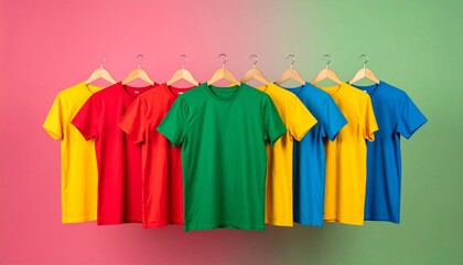Vibrant collection of assorted colorful t-shirts hanging in a row on wooden hangers against a dual-tone background.