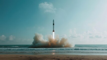 Rocket launching over ocean beach during daytime